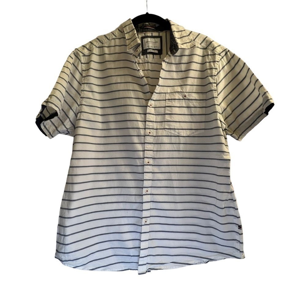 Denim & Flower Men's Shirt L White Blue Stripes Slim Fit Button Down